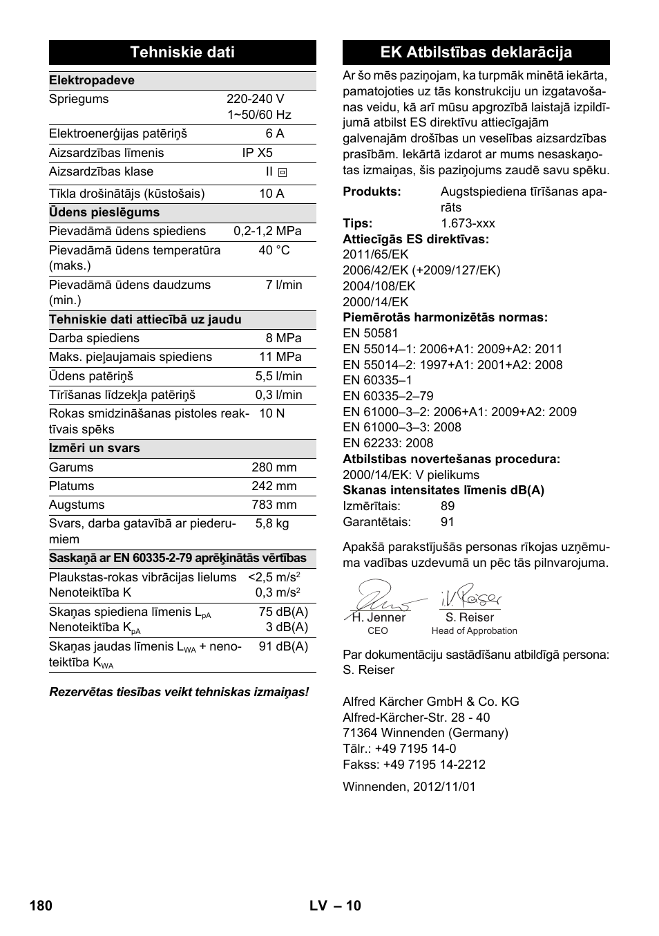 Tehniskie dati, Ek atbilstības deklarācija | Karcher K 2 Premium User Manual | Page 180 / 196