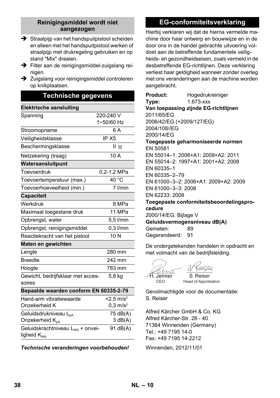 Technische gegevens, Eg-conformiteitsverklaring | Karcher K 2 Premium User Manual | Page 38 / 196