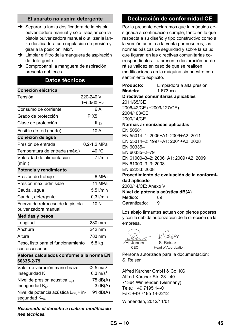 Datos técnicos, Declaración de conformidad ce | Karcher K 2 Premium User Manual | Page 45 / 196