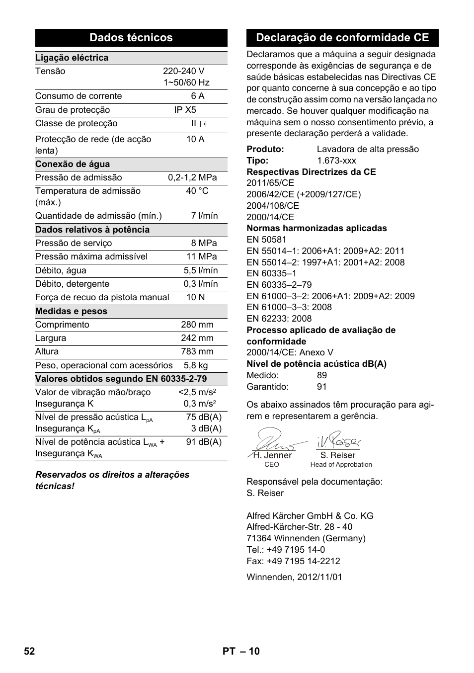 Dados técnicos, Declaração de conformidade ce | Karcher K 2 Premium User Manual | Page 52 / 196