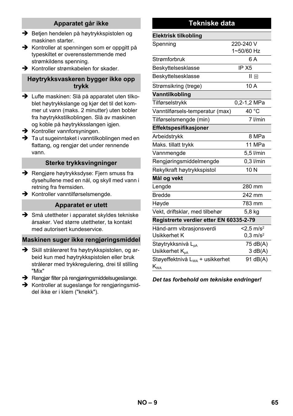 Tekniske data | Karcher K 2 Premium User Manual | Page 65 / 196