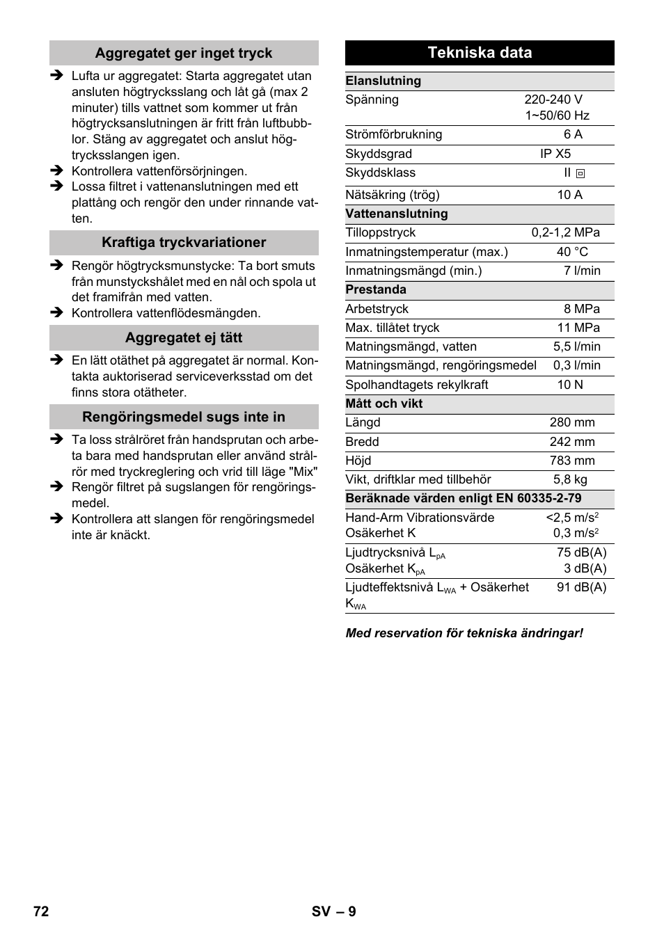 Tekniska data | Karcher K 2 Premium User Manual | Page 72 / 196