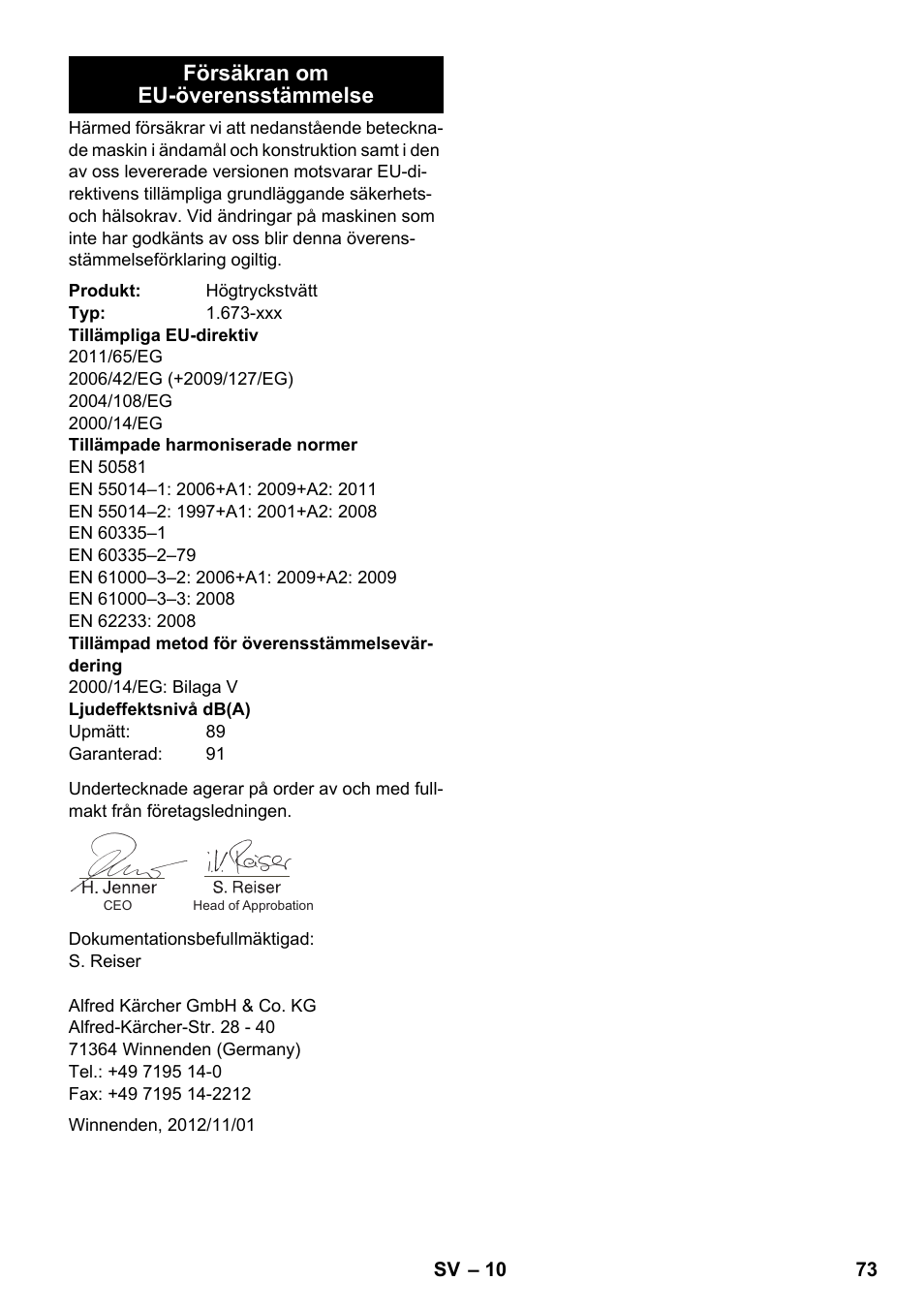 Försäkran om eu-överensstämmelse | Karcher K 2 Premium User Manual | Page 73 / 196