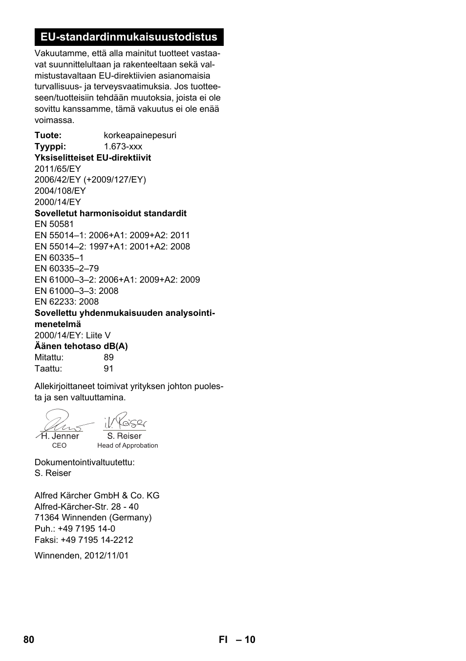 Eu-standardinmukaisuustodistus | Karcher K 2 Premium User Manual | Page 80 / 196