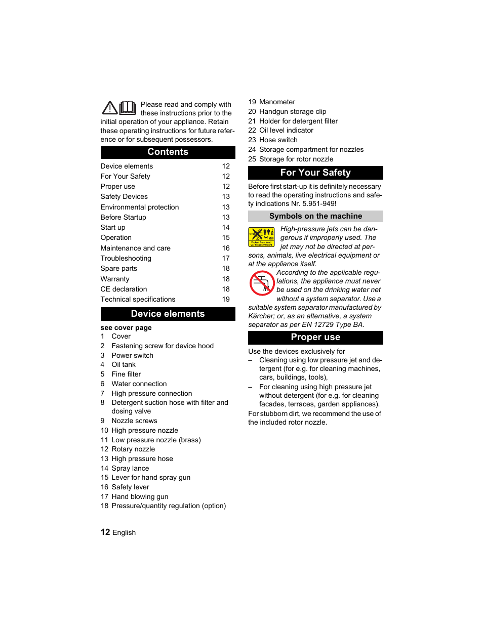 Contents device elements for your safety, Proper use | Karcher HD 10-25-4 Cage Plus User Manual | Page 12 / 224