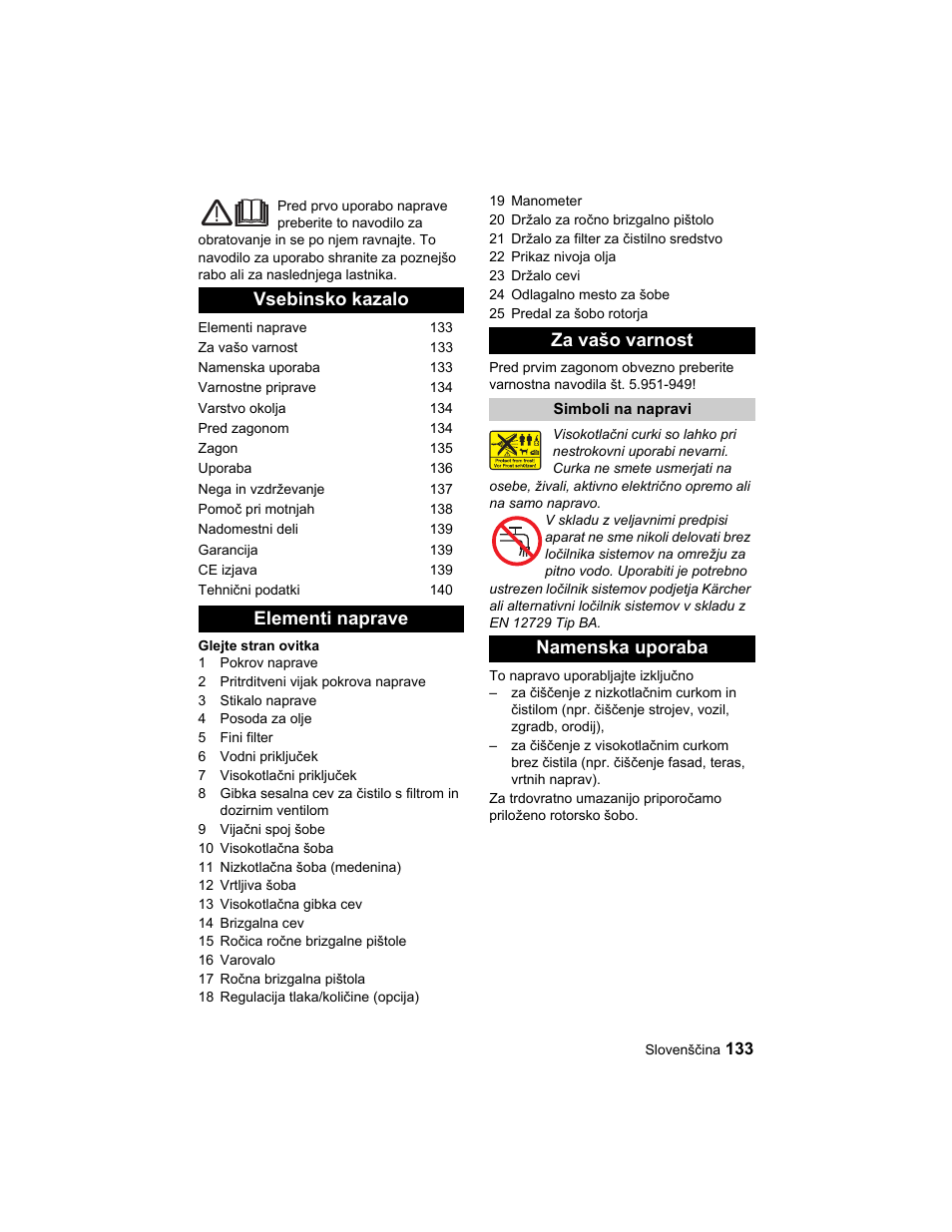 Vsebinsko kazalo elementi naprave za vašo varnost, Namenska uporaba | Karcher HD 10-25-4 Cage Plus User Manual | Page 133 / 224