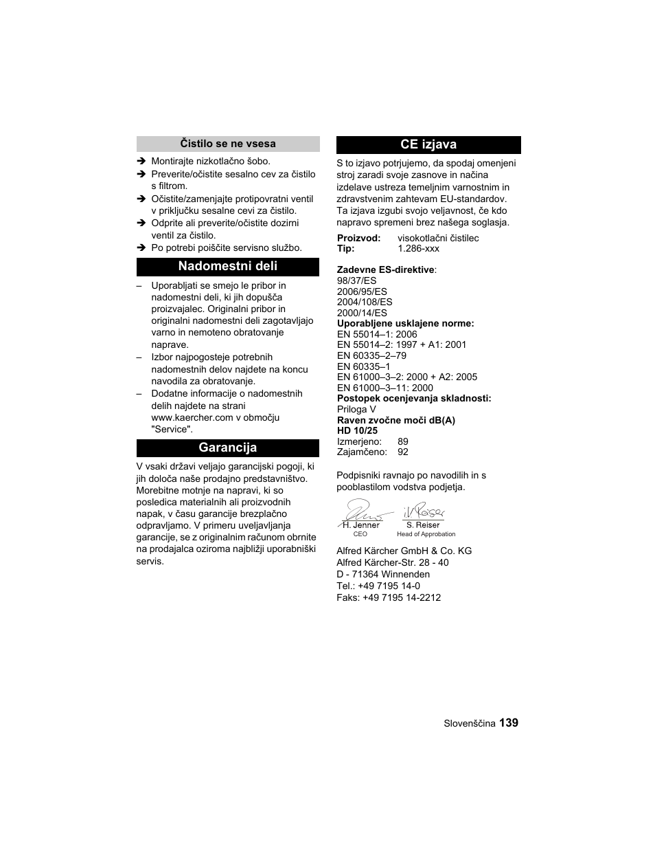 Nadomestni deli garancija ce izjava | Karcher HD 10-25-4 Cage Plus User Manual | Page 139 / 224