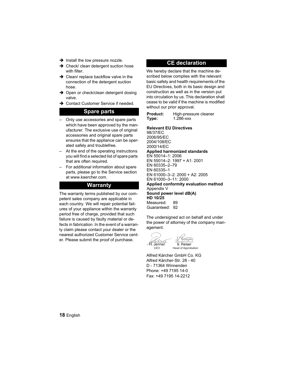 Spare parts warranty ce declaration | Karcher HD 10-25-4 Cage Plus User Manual | Page 18 / 224