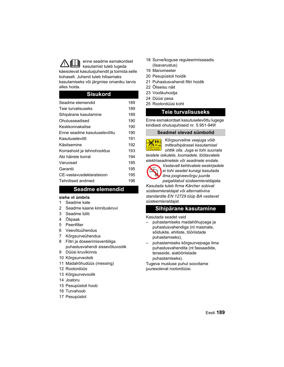 Sisukord seadme elemendid teie turvalisuseks, Sihipärane kasutamine | Karcher HD 10-25-4 Cage Plus User Manual | Page 189 / 224