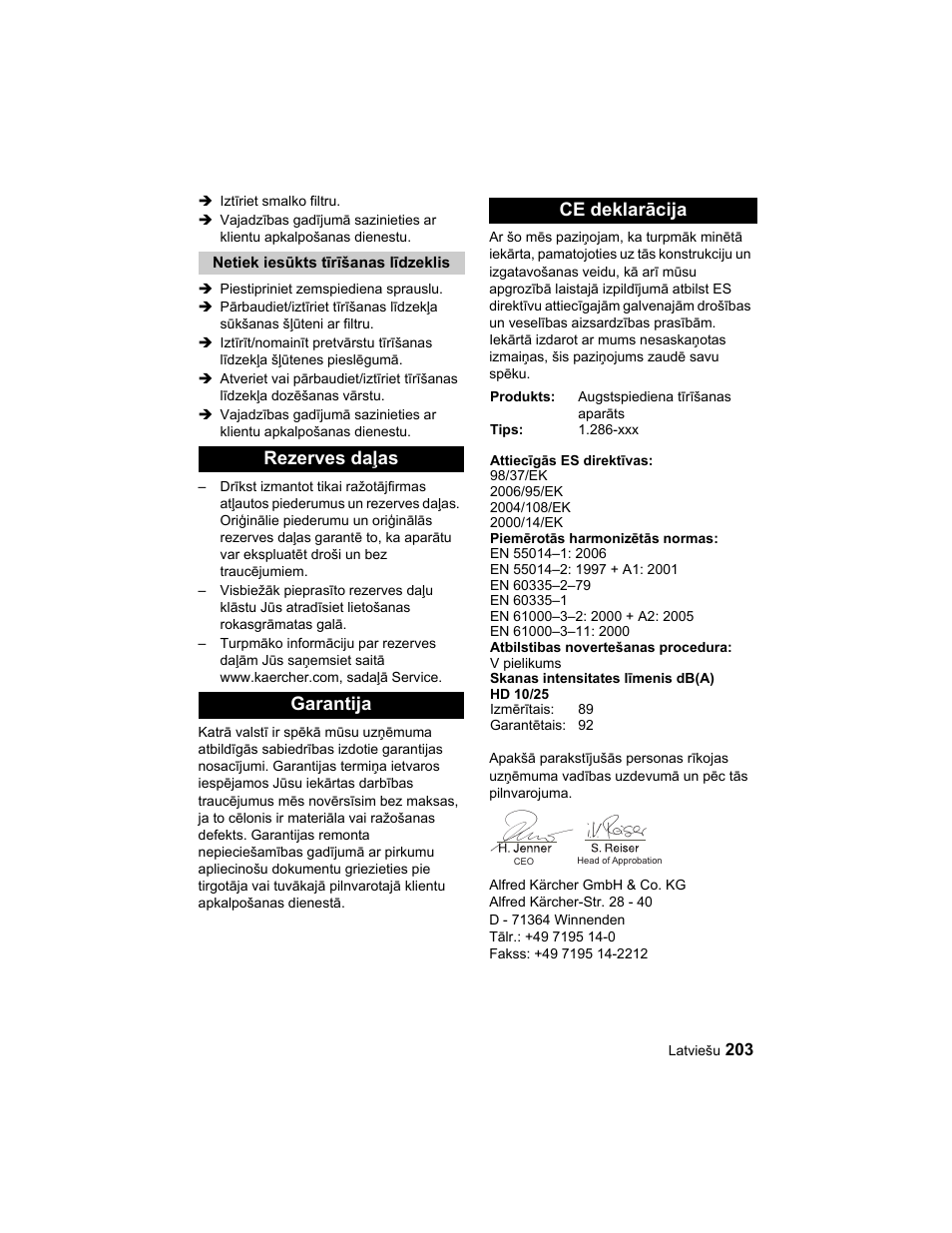 Rezerves daļas garantija ce deklarācija | Karcher HD 10-25-4 Cage Plus User Manual | Page 203 / 224