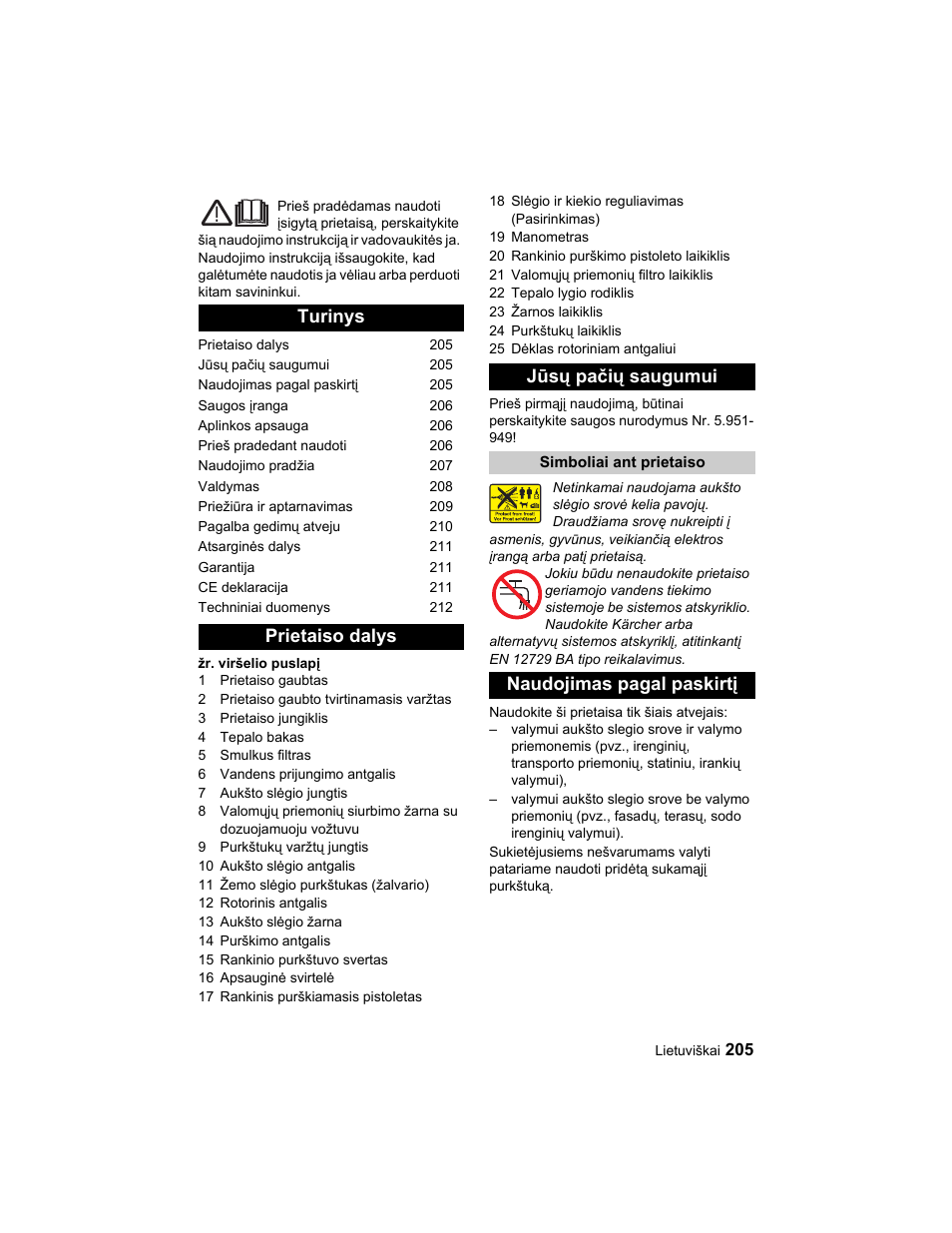 Turinys prietaiso dalys jūsų pačių saugumui, Naudojimas pagal paskirtį | Karcher HD 10-25-4 Cage Plus User Manual | Page 205 / 224