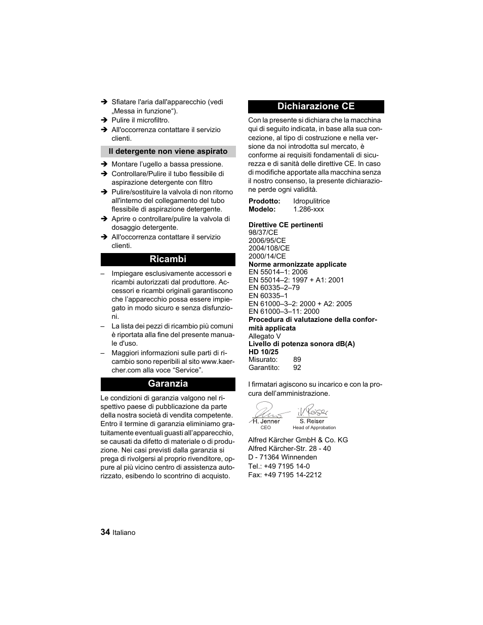 Ricambi garanzia dichiarazione ce | Karcher HD 10-25-4 Cage Plus User Manual | Page 34 / 224