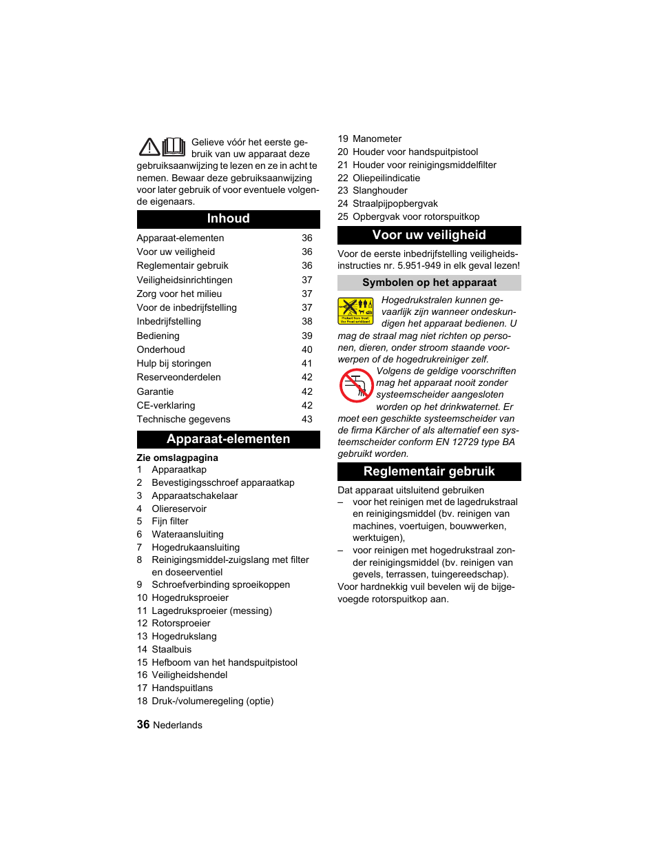 Inhoud apparaat-elementen voor uw veiligheid, Reglementair gebruik | Karcher HD 10-25-4 Cage Plus User Manual | Page 36 / 224