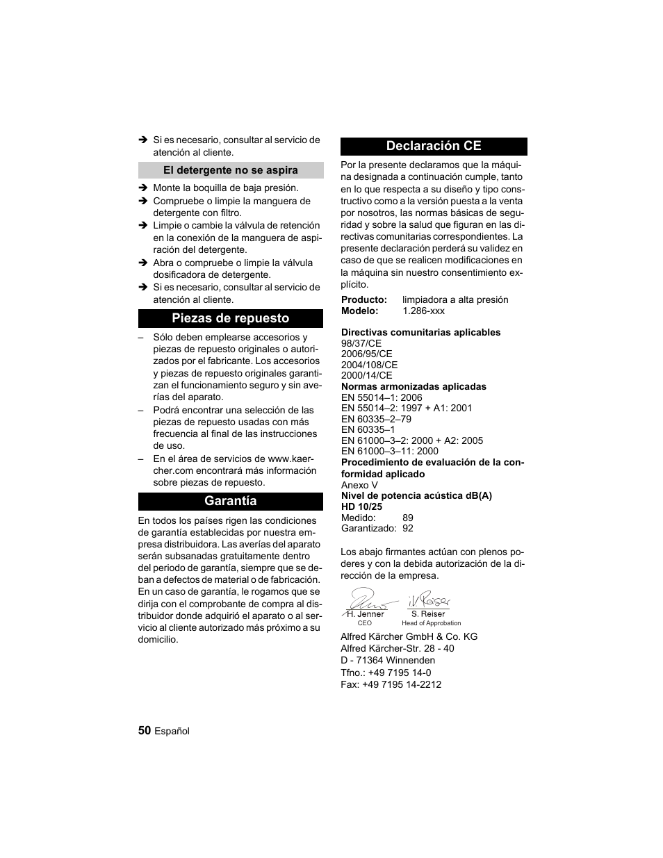 Piezas de repuesto garantía declaración ce | Karcher HD 10-25-4 Cage Plus User Manual | Page 50 / 224