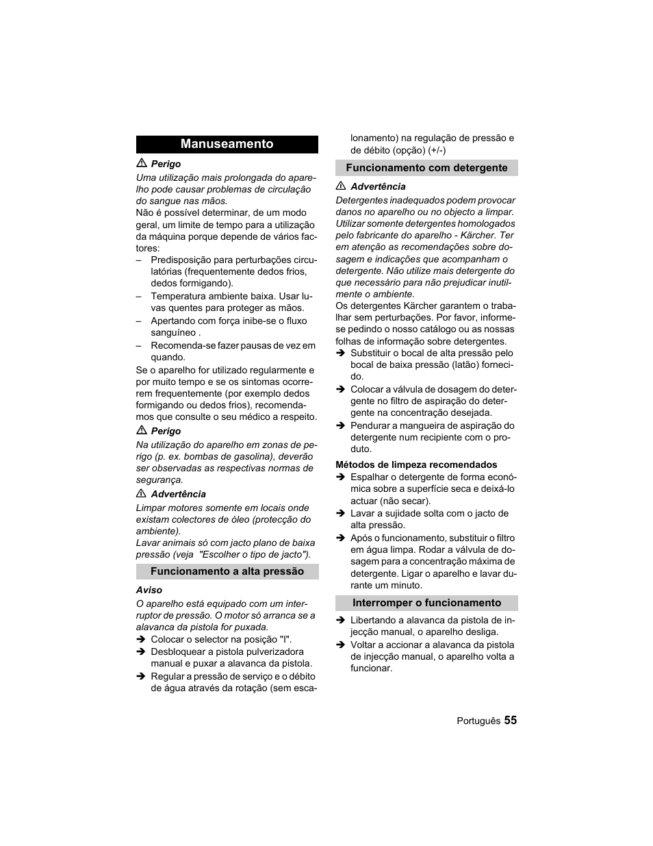 Manuseamento | Karcher HD 10-25-4 Cage Plus User Manual | Page 55 / 224