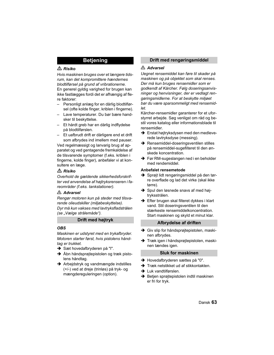 Betjening | Karcher HD 10-25-4 Cage Plus User Manual | Page 63 / 224