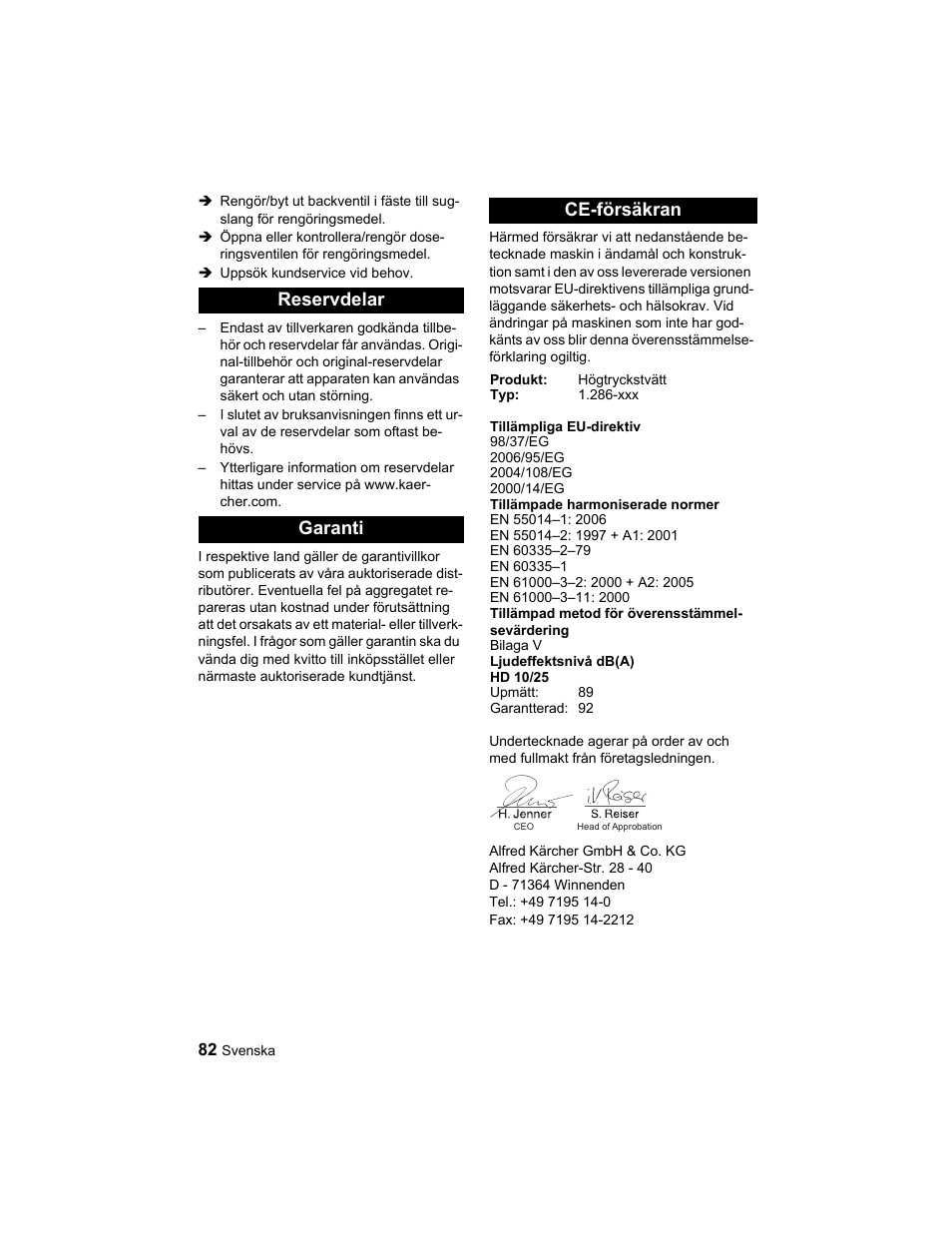 Reservdelar garanti ce-försäkran | Karcher HD 10-25-4 Cage Plus User Manual | Page 82 / 224