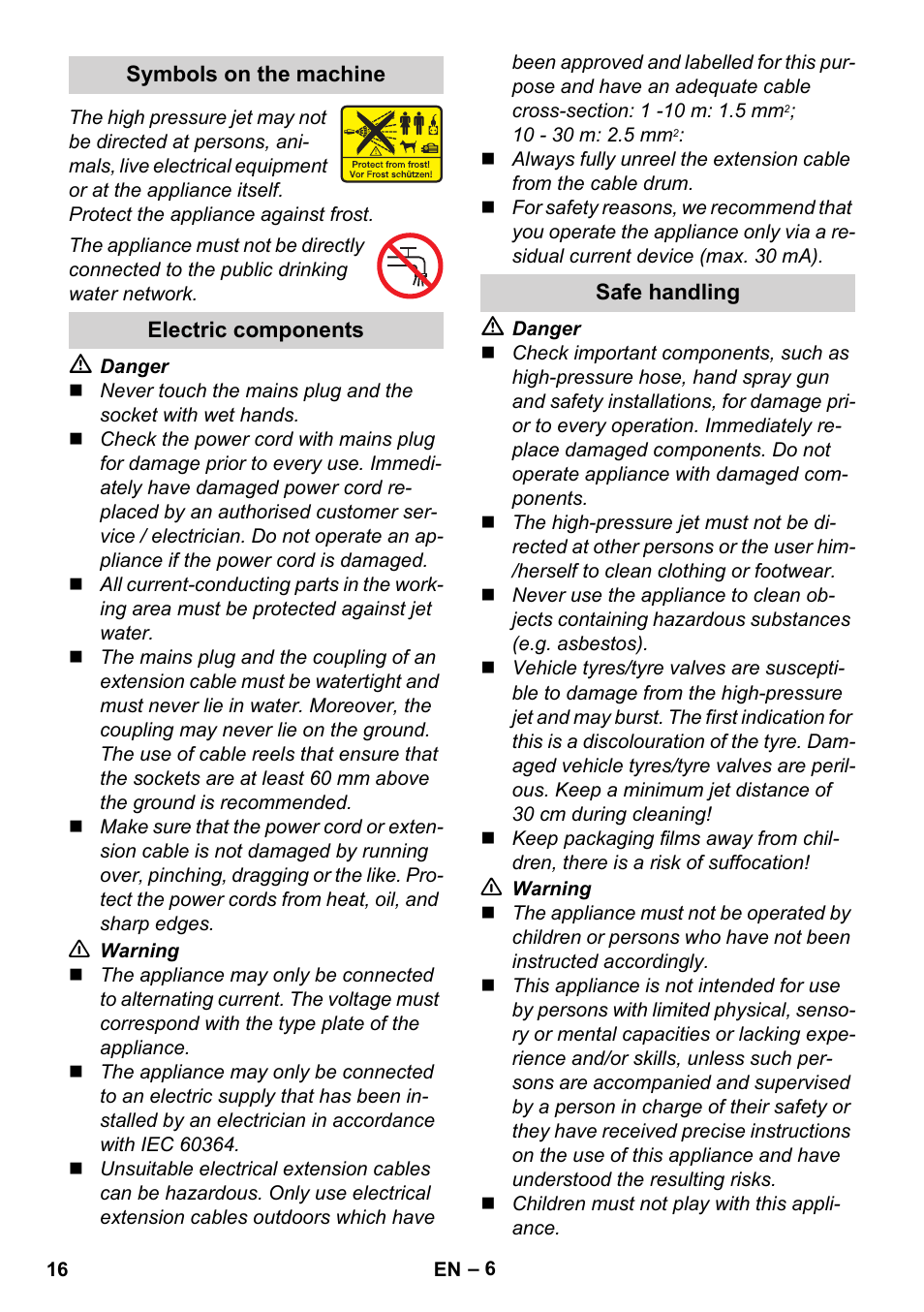 Symbols on the machine, Electric components, Safe handling | Karcher K 4 Car User Manual | Page 16 / 50