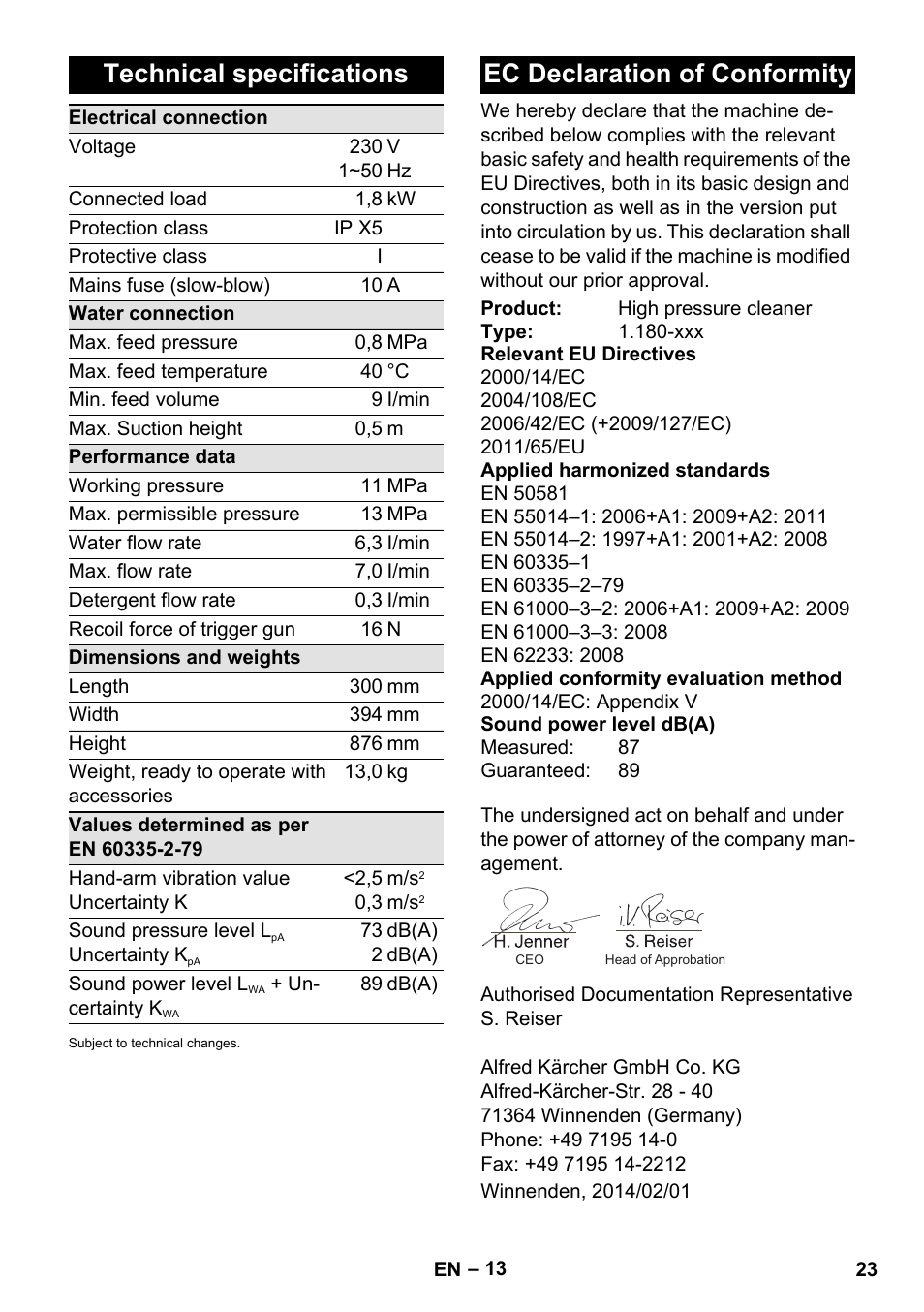 Technical specifications, Ec declaration of conformity | Karcher K 4 Car User Manual | Page 23 / 50