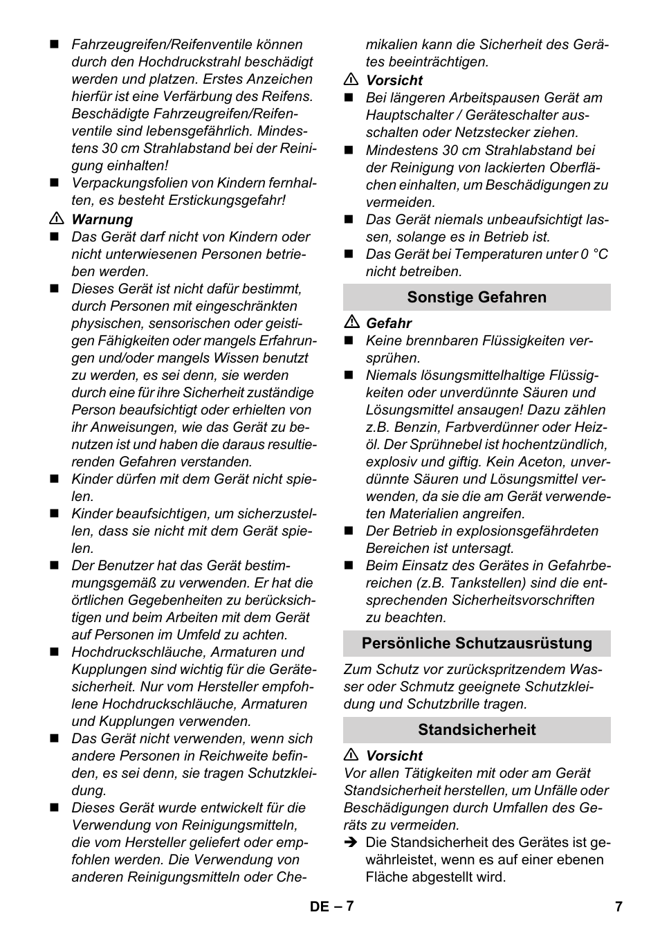 Sonstige gefahren, Persönliche schutzausrüstung, Standsicherheit | Karcher K 4 Car User Manual | Page 7 / 50