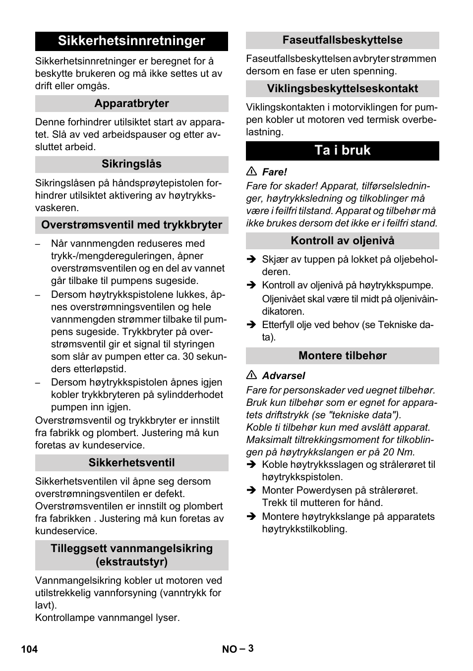 Sikkerhetsinnretninger, Ta i bruk | Karcher HD 13-35-4 User Manual | Page 104 / 344