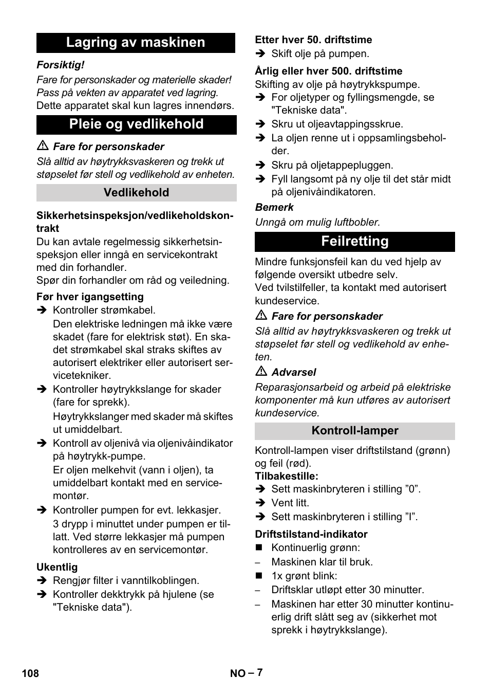 Lagring av maskinen pleie og vedlikehold, Feilretting | Karcher HD 13-35-4 User Manual | Page 108 / 344