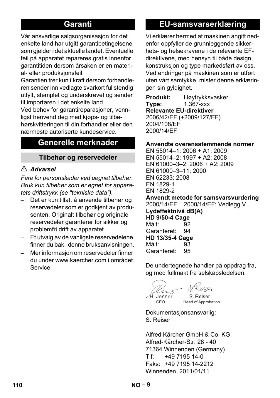 Garanti generelle merknader, Eu-samsvarserklæring | Karcher HD 13-35-4 User Manual | Page 110 / 344