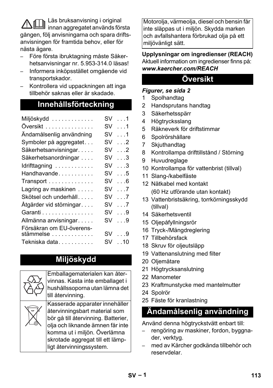 Svenska, Innehållsförteckning, Miljöskydd | Översikt ändamålsenlig användning | Karcher HD 13-35-4 User Manual | Page 113 / 344