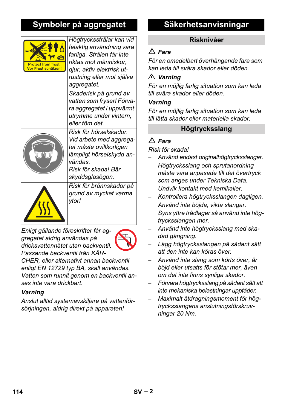 Symboler på aggregatet, Säkerhetsanvisningar | Karcher HD 13-35-4 User Manual | Page 114 / 344