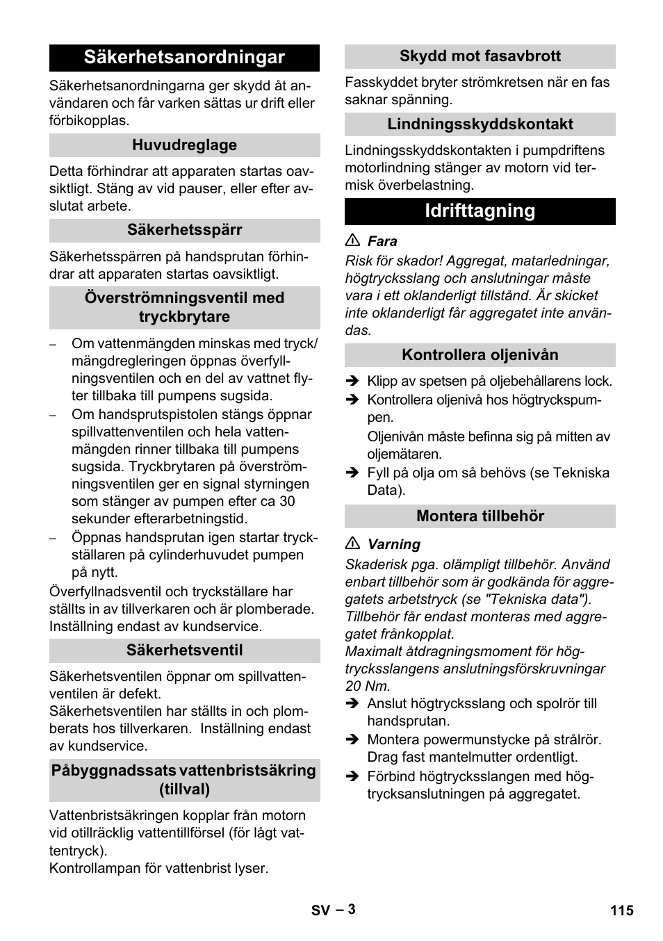 Säkerhetsanordningar, Idrifttagning | Karcher HD 13-35-4 User Manual | Page 115 / 344