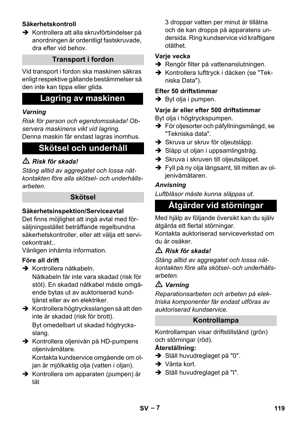 Lagring av maskinen skötsel och underhåll, Åtgärder vid störningar | Karcher HD 13-35-4 User Manual | Page 119 / 344