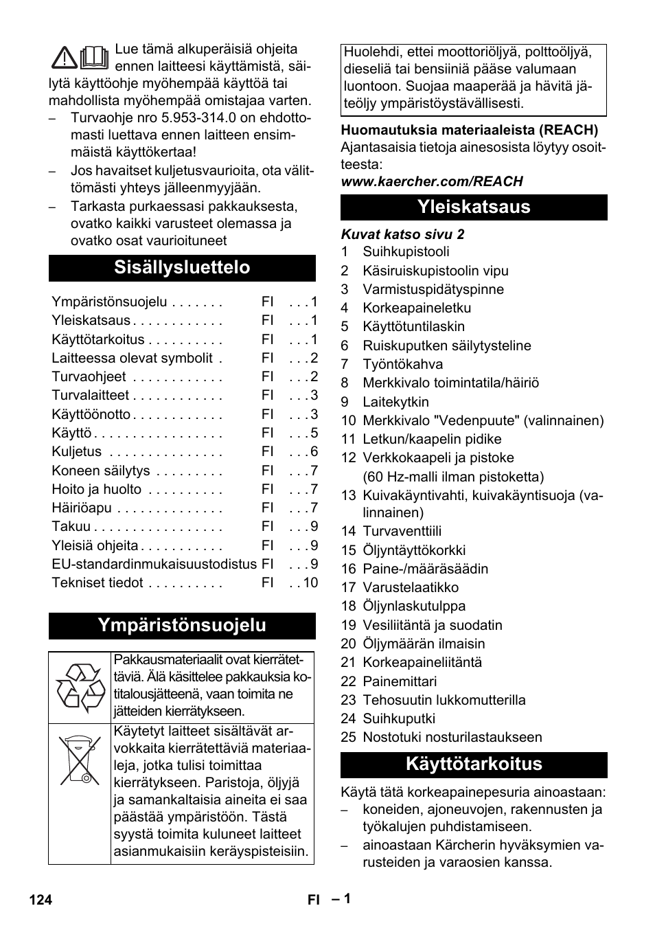 Suomi, Sisällysluettelo, Ympäristönsuojelu | Yleiskatsaus käyttötarkoitus | Karcher HD 13-35-4 User Manual | Page 124 / 344