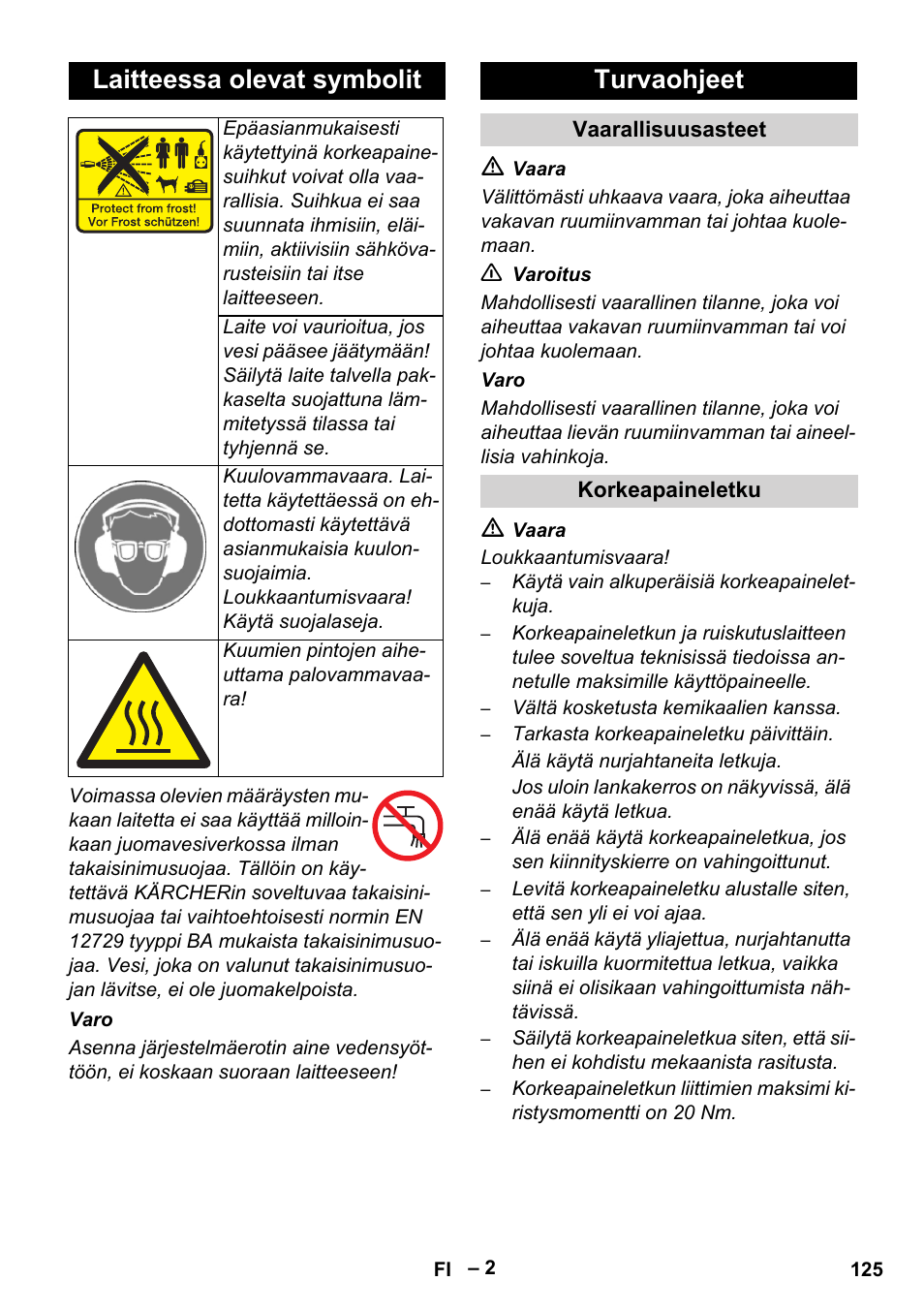 Laitteessa olevat symbolit, Turvaohjeet | Karcher HD 13-35-4 User Manual | Page 125 / 344