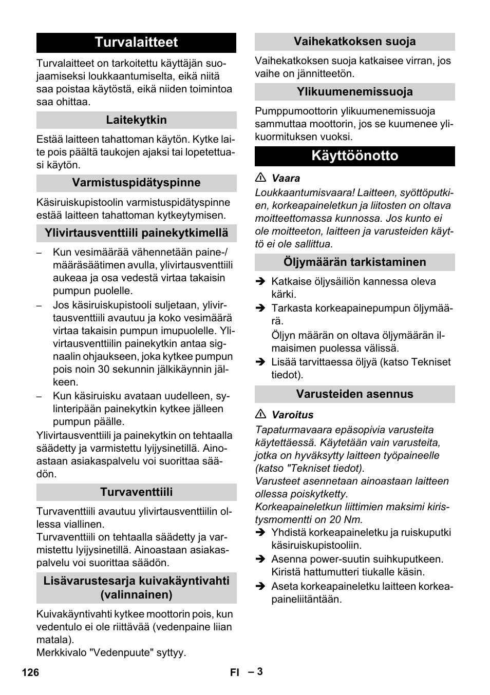 Turvalaitteet, Käyttöönotto | Karcher HD 13-35-4 User Manual | Page 126 / 344