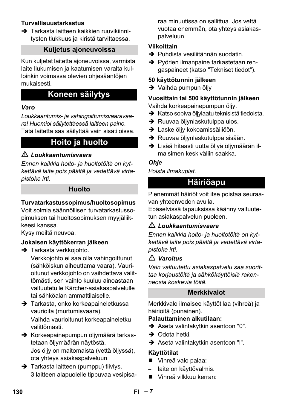 Koneen säilytys hoito ja huolto, Häiriöapu | Karcher HD 13-35-4 User Manual | Page 130 / 344