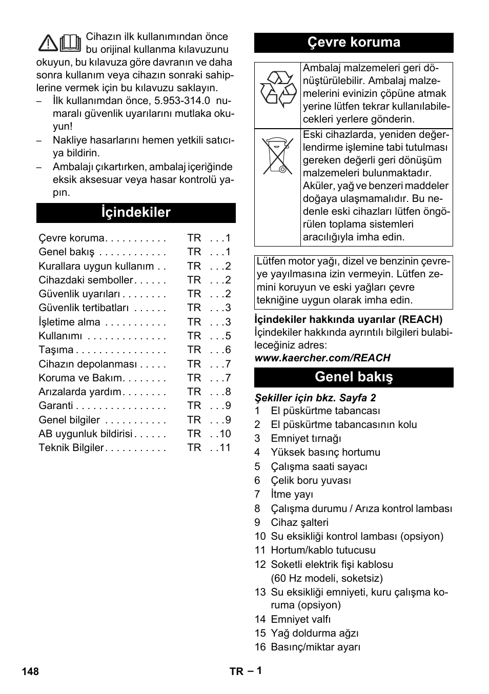 Türkçe, Içindekiler, Çevre koruma | Genel bakış | Karcher HD 13-35-4 User Manual | Page 148 / 344