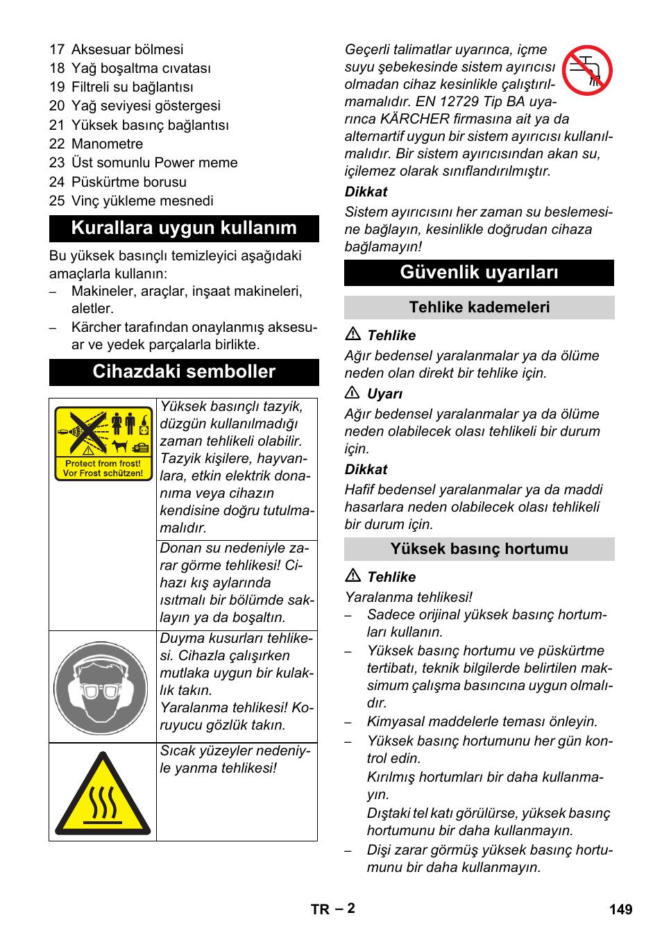 Kurallara uygun kullanım cihazdaki semboller, Güvenlik uyarıları | Karcher HD 13-35-4 User Manual | Page 149 / 344