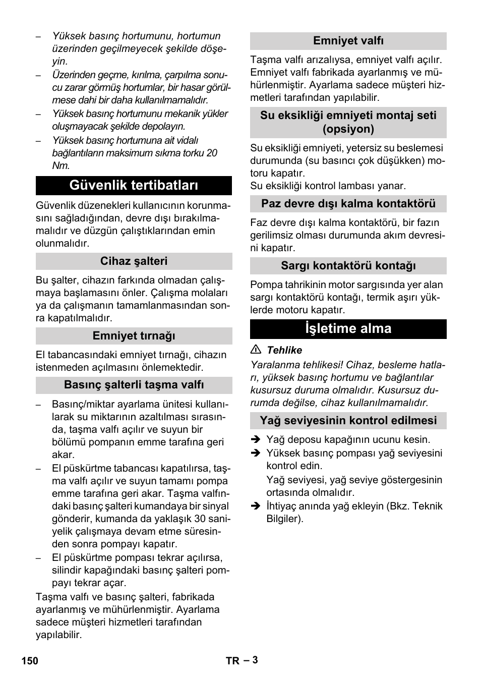 Güvenlik tertibatları, Işletime alma | Karcher HD 13-35-4 User Manual | Page 150 / 344