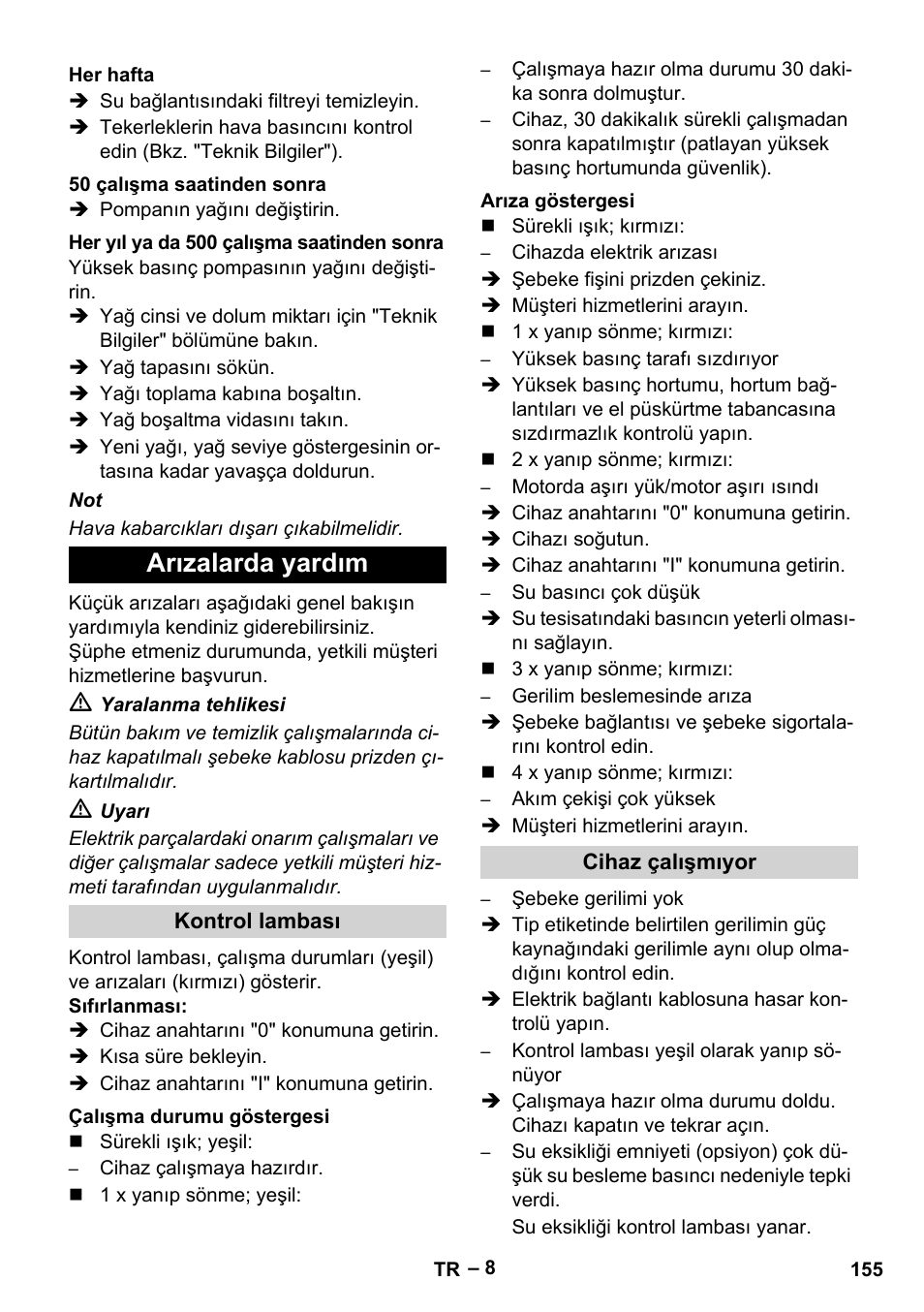 Arızalarda yardım | Karcher HD 13-35-4 User Manual | Page 155 / 344