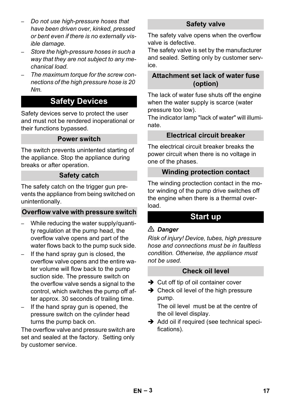 Safety devices, Start up | Karcher HD 13-35-4 User Manual | Page 17 / 344