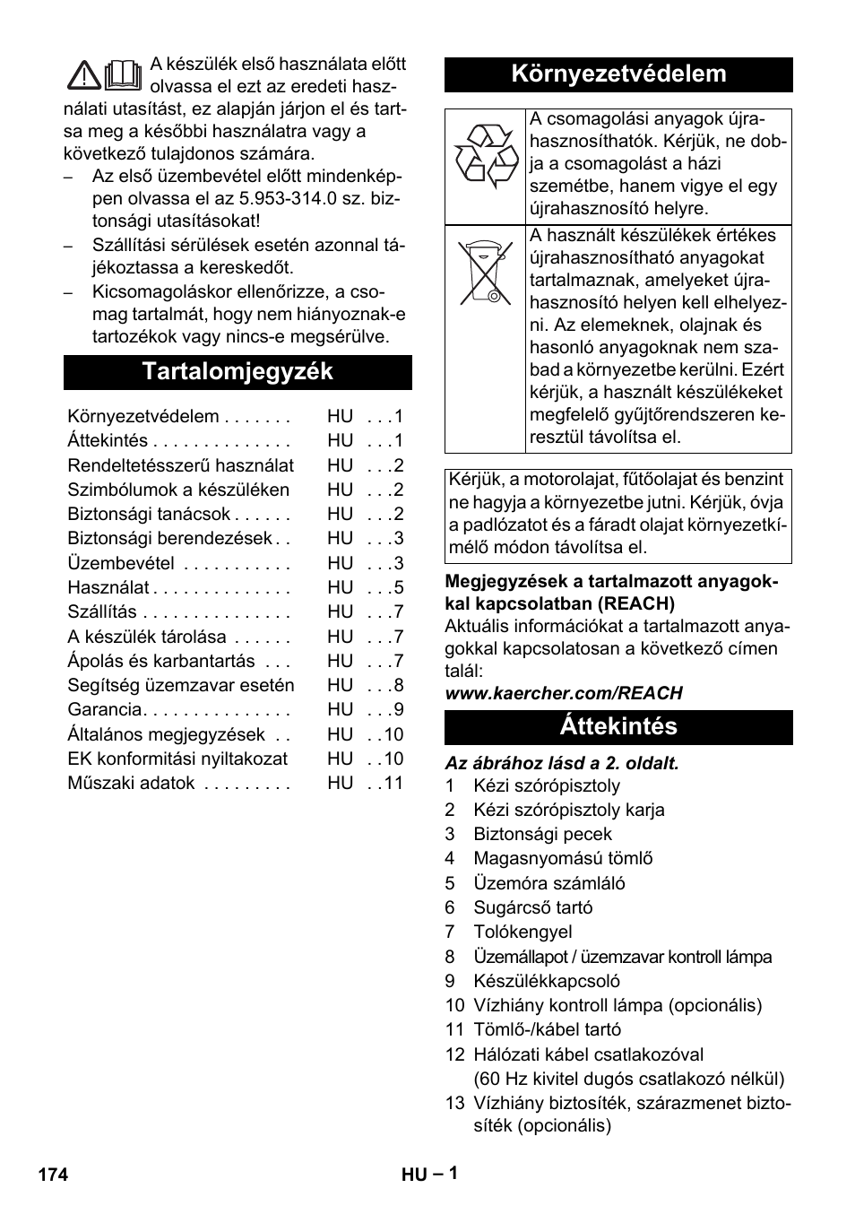 Magyar, Tartalomjegyzék, Környezetvédelem | Áttekintés | Karcher HD 13-35-4 User Manual | Page 174 / 344