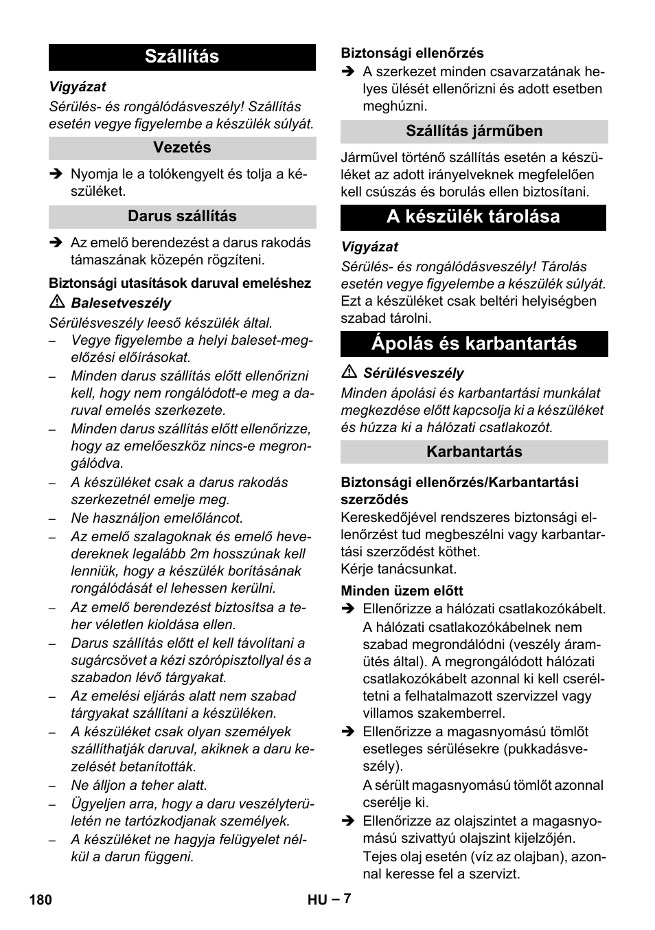 Szállítás, A készülék tárolása ápolás és karbantartás | Karcher HD 13-35-4 User Manual | Page 180 / 344