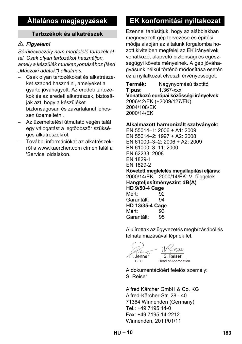 Általános megjegyzések, Ek konformitási nyiltakozat | Karcher HD 13-35-4 User Manual | Page 183 / 344