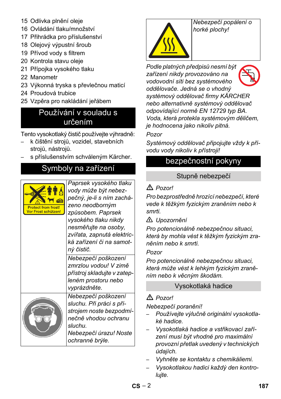 Používání v souladu s určením symboly na zařízení, Bezpečnostní pokyny | Karcher HD 13-35-4 User Manual | Page 187 / 344