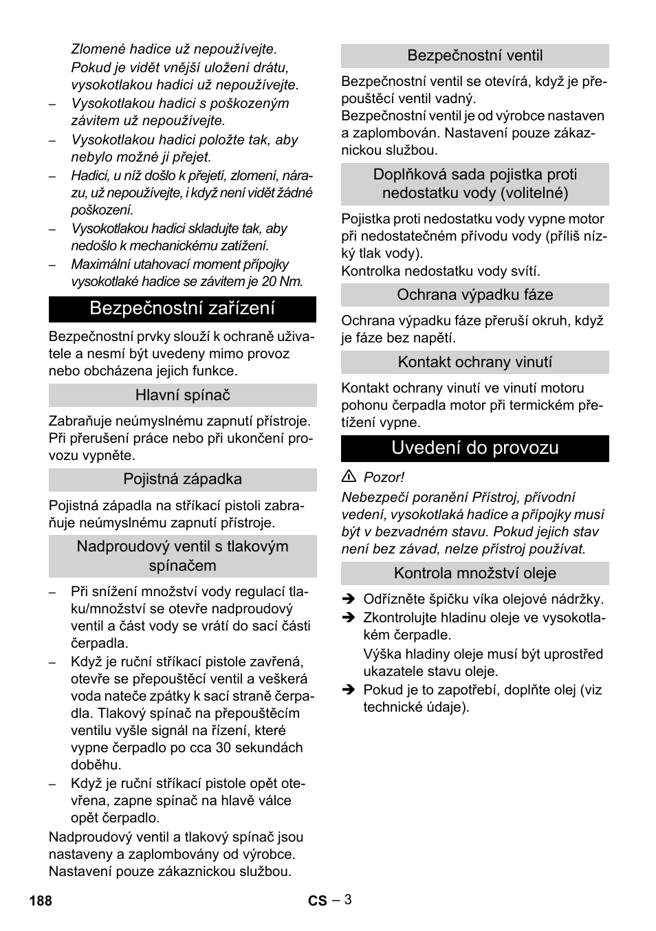Bezpečnostní zařízení, Uvedení do provozu | Karcher HD 13-35-4 User Manual | Page 188 / 344
