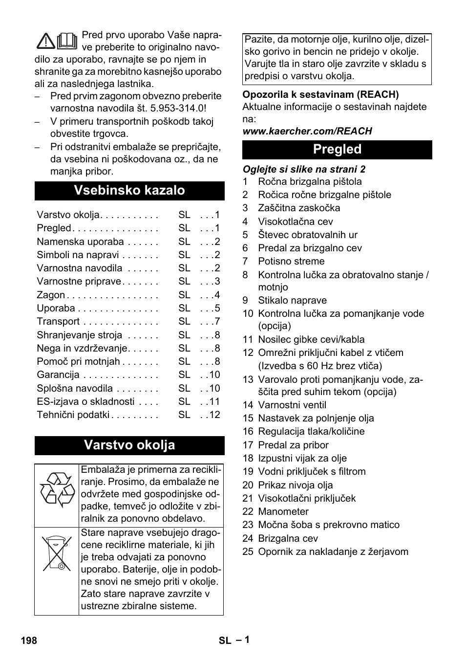 Slovenščina, Slovenšina, Vsebinsko kazalo | Varstvo okolja, Pregled | Karcher HD 13-35-4 User Manual | Page 198 / 344