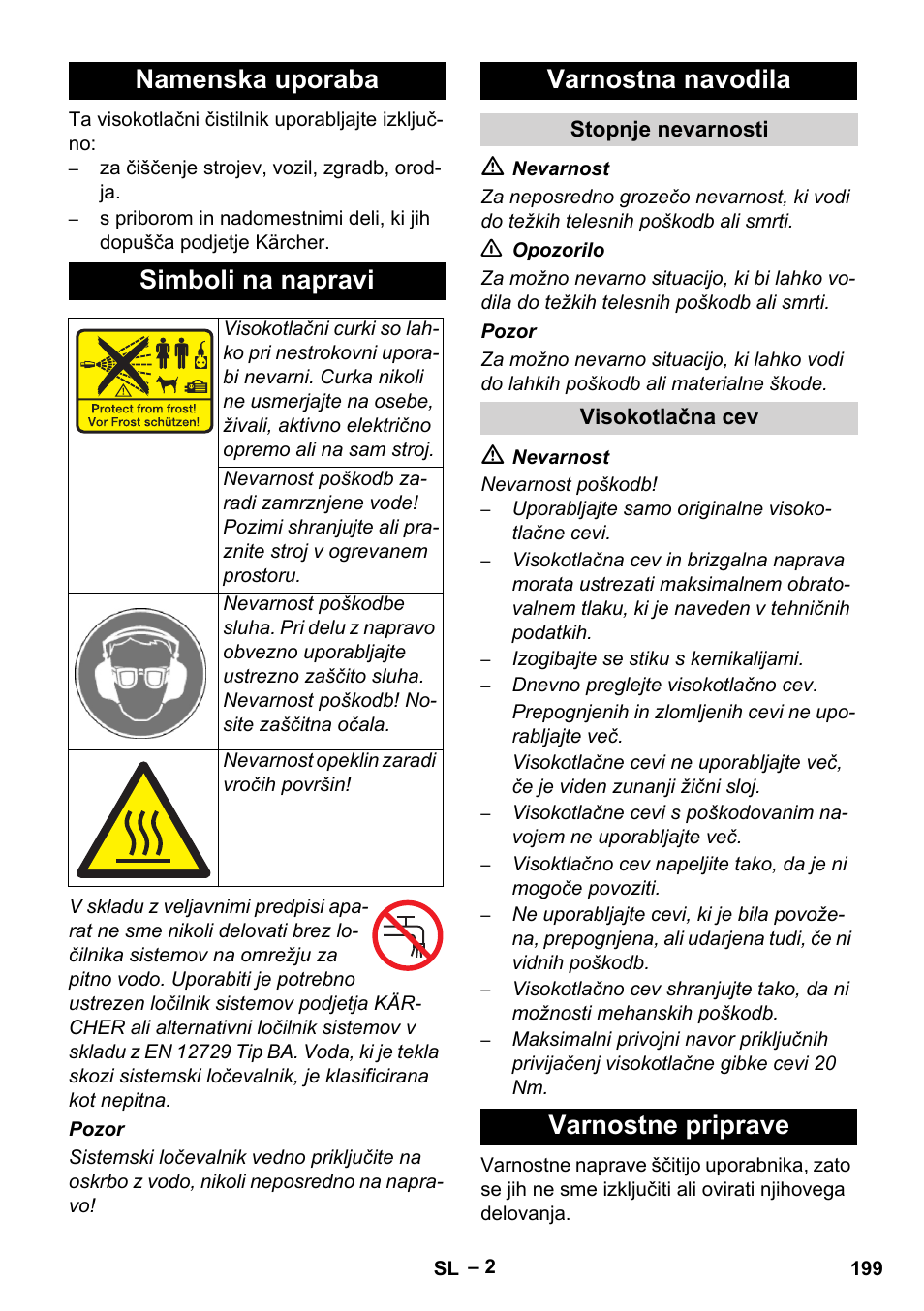 Namenska uporaba simboli na napravi, Varnostna navodila, Varnostne priprave | Karcher HD 13-35-4 User Manual | Page 199 / 344