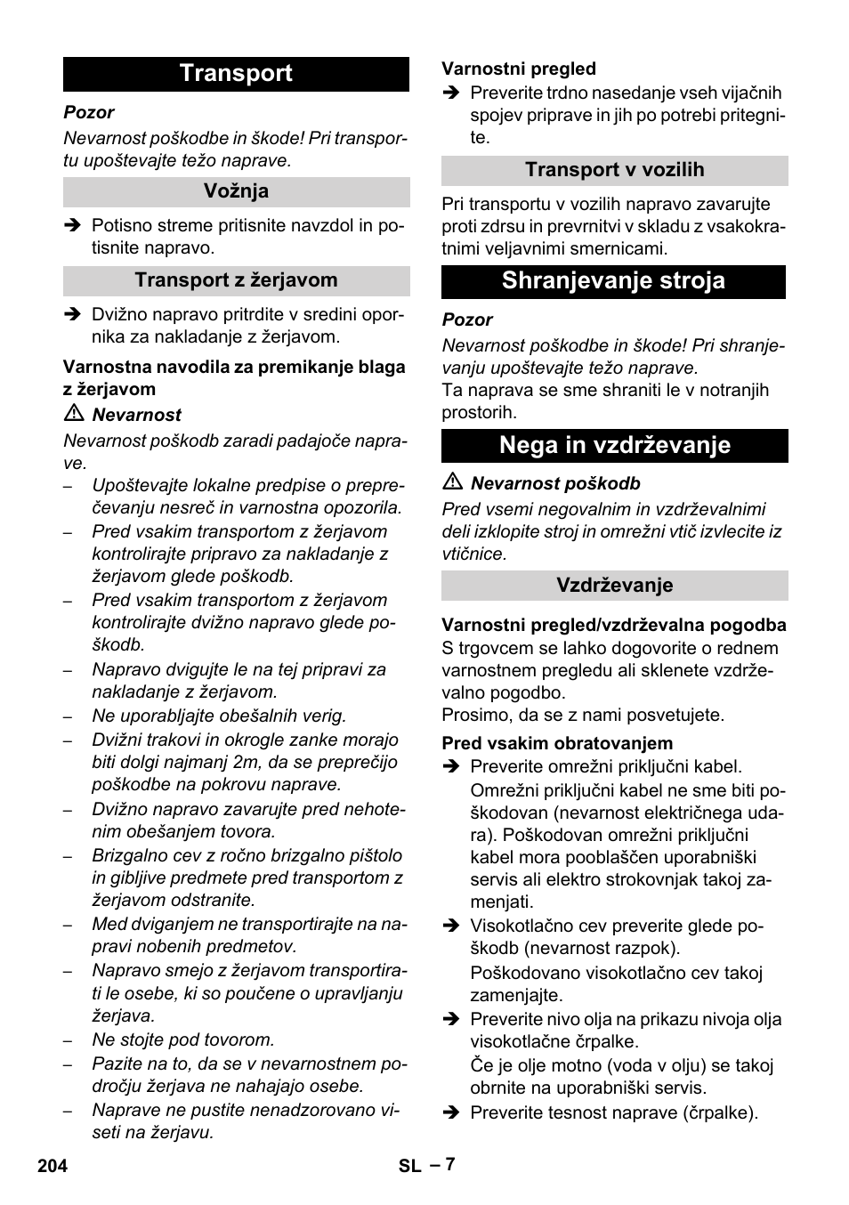 Transport, Shranjevanje stroja nega in vzdrževanje | Karcher HD 13-35-4 User Manual | Page 204 / 344