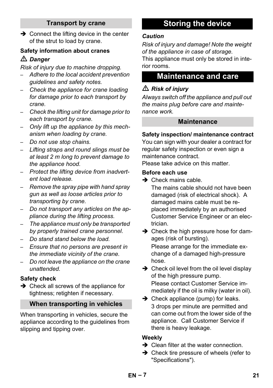 Storing the device maintenance and care | Karcher HD 13-35-4 User Manual | Page 21 / 344