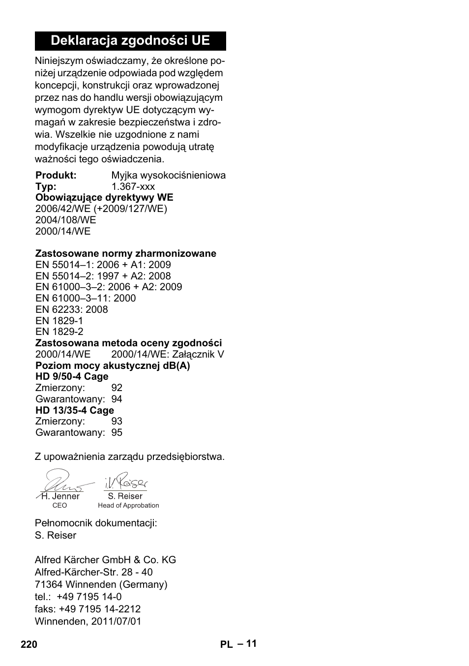 Deklaracja zgodności ue | Karcher HD 13-35-4 User Manual | Page 220 / 344